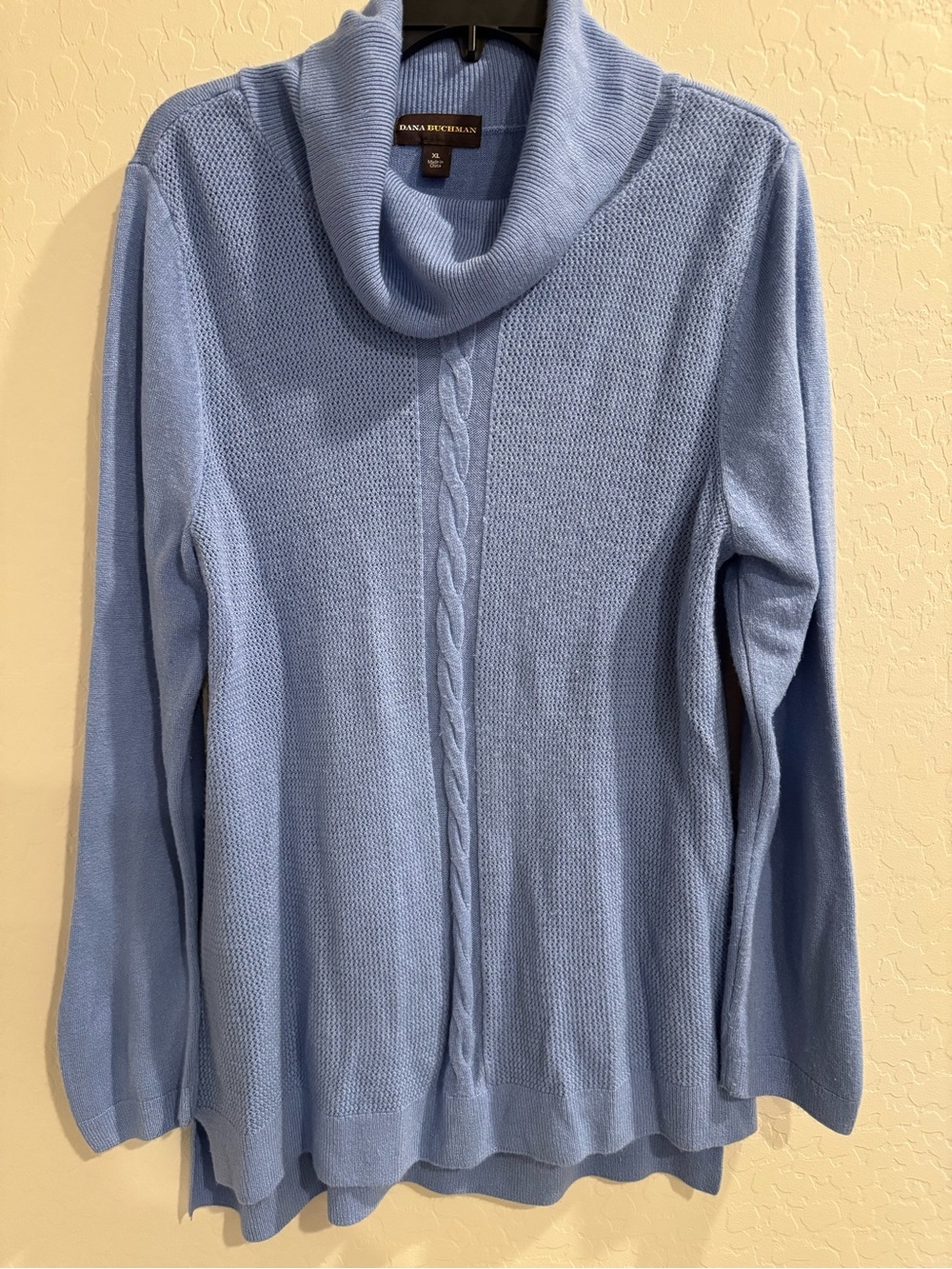 Dana Buchman Pale Blue Cowl-Neck Cable Front Sweater